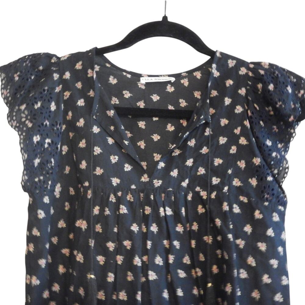 Ulla Johnson Blouse Top Ditsy Floral Eyelet Flutter Sleeve Black Size 2 - Picture 3 of 6